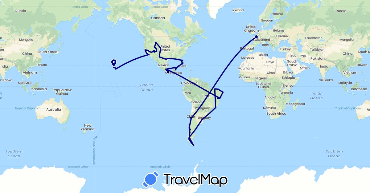 TravelMap itinerary: driving in Argentina, Brazil, Chile, France, Mexico, United States (Europe, North America, South America)